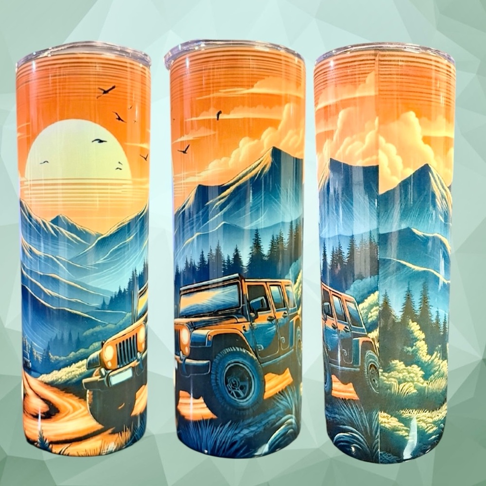 20oz Hot/cold Tumbler New Custom Made Jeep Mountain Theme plus bonus items